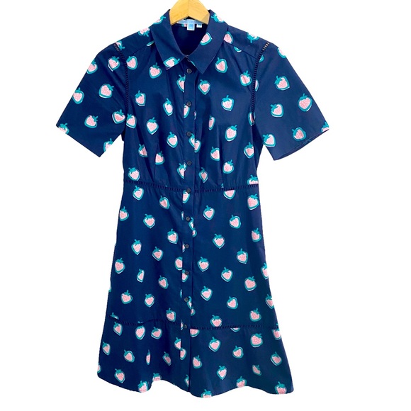 Draper James Navy Blue Pink & Green Strawberry Print Shirt Dress, Size 0 - Picture 5 of 16